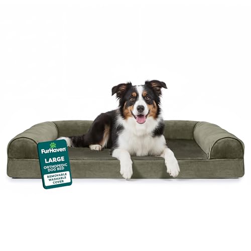 Furhaven Orthopedic Dog Bed for Large/Medium Dogs w/ Removable Bolsters & Washable Cover, For Dogs Up to 55 lbs - Faux Fur & Velvet Sofa - Dark Sage, Large