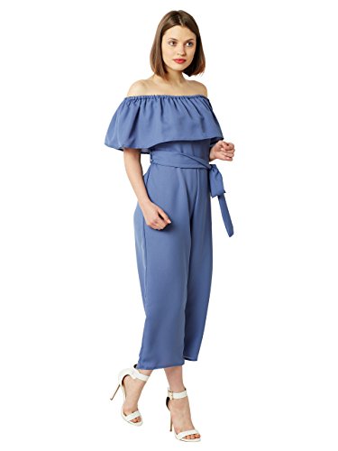 Image of Miss Chase Women's Blue Off-Shoulder Ruffled Midi Jumpsuit