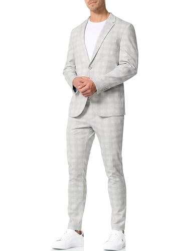 JEFF Herren JFLeo Set Anzug 2-teilig Sakko Hose Bundle | elastischer Herrenanzug Regular Fit für Männer Grey Check, 48