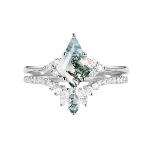 Natural Moss Agate Engagement Ring Set for Women 1.5 CT Kite Cut Wedding Ring Set 925 Sterling Silver 10K 14K 18K Gold