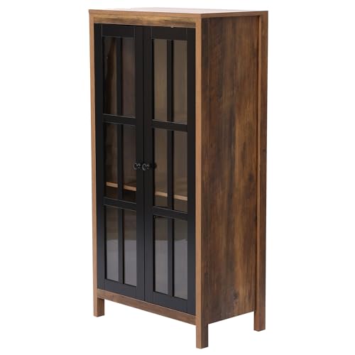 LuxenHome Storage Cabinet with 2-Door Natural Wood Glass, Accent Cabinet, Farmhouse Kitchen Pantry Cabinet, 47.5\" Freestanding Buffet Cabinet with Storage for Living Room