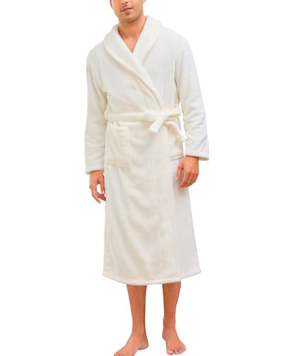 Image of Vlazom Mens Dressing Gown Plush Fleece Bathrobe with Shawl Collar Robe, Soft Warm Men's Robes Spa Bath Thick Housecoat with Pockets White,L