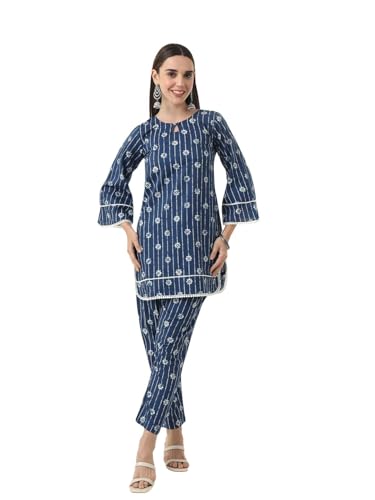 Image of Tissu Women's Plus Size Pure Cotton Grey Floral Tunic with Palazzo Co-ords