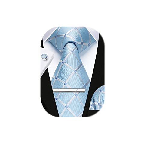 Image of HISDERN Plaid Ties for Men Classic Checkered Tie and Pocket Square Cufflinks Tie Clip Set Woven Men's Necktie Business