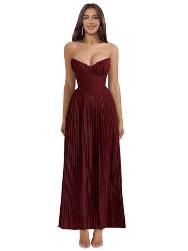 Strapless Bridesmaid Dresses for Women Long A-Line Ruched Satin Prom Formal Wedding Guest Dress