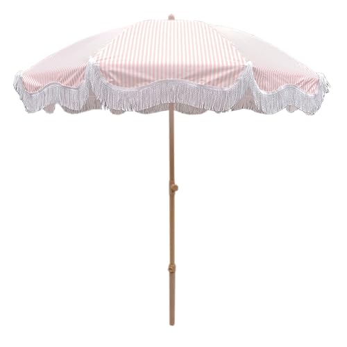 Parasol d'extérieur portable au design élégant à rayures et franges