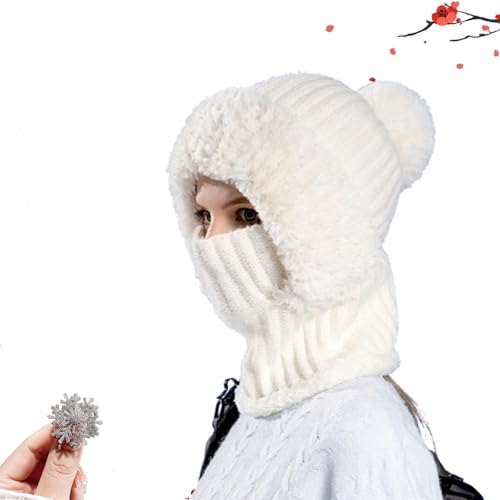 Bonnet tricoté pour femme avec écharpe et masque intégré blanc, protection hivernale 3 en 1