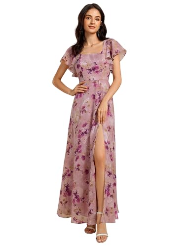 Ever-Pretty EE02409-P Abendkleid mit langen Rüschen, quadratischem Ausschnitt, Sommer, Party mit Schlitzen, Blumen / Lila, 42