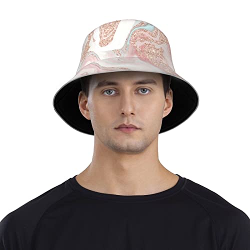 Rose Gold Glitter Coral Gray Pastel Marble Bucket Hat Summer Travel Hat Beach Sun Hat Aesthetic Fishing Hat For Men Women Outdoor Cap Reversible Double-Side-Wear #TOP5