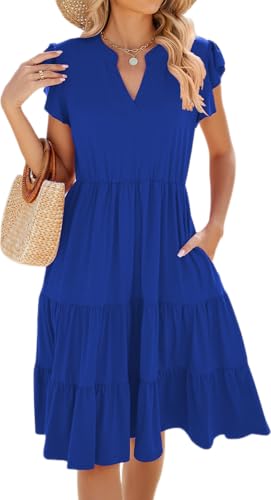 Image of Womens Summer Dress Ruffle Sleeve V Neck Midi Dresses Casual Fit Flowy Tiered Boho Beach Vacation Sundress