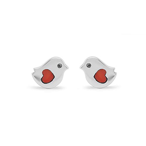 Boma Jewelry Sterling Silver Little Bird Simulated Red Coral Heart Stud Earrings