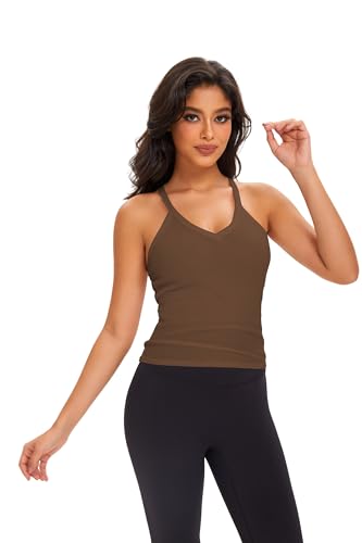 Cioatin Camiseta corta sin mangas con cuello en V para mujer, espalda cruzada, camiseta de entrenamiento, ajustada, acanalada, para gimnasio, verano, salir, Marrón café, M
