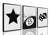 Black And White Wall Art Set of 3, Vintage Y2k Dice 8 Ball Canvas Prints Painting, Funky Lucky Preppy Posters Pictures For Game Room Apartment Dorm Teenager Room Wall Decor 12x16 Inch Framed