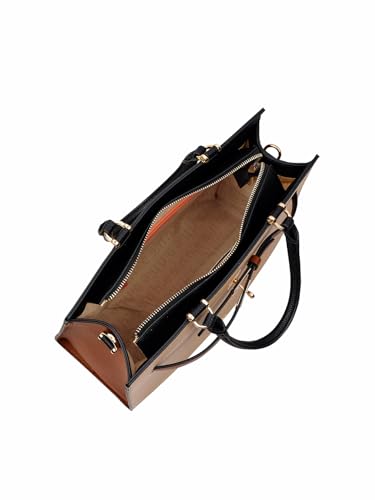 Image of HIE Women Textured Tote Bag with Contrasting Leather Strap and Gold-Tone Buckle Dual Top Handles | Detachable Adjustable Crossbody Strap, Color Blocked Design for Work, Travel & Everyday.