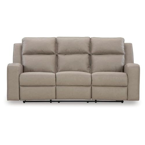 Image of Signature Design by Ashley Wall Hugger Reclining Sofa with Drop Down Table | Pebble gray faux leather, Contrast jumbo stitching, Drop down table with USB ports, 3 in wall distance, Lavenhorne Series
