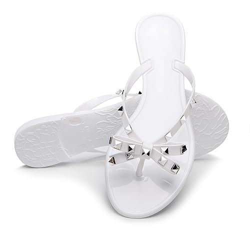 Image of Studded Jelly Shoes for Womens Bow Flip Flops Jellies Sandals Flat Black Summer Beach Thong with Rivets Strappy Slides Slip On
