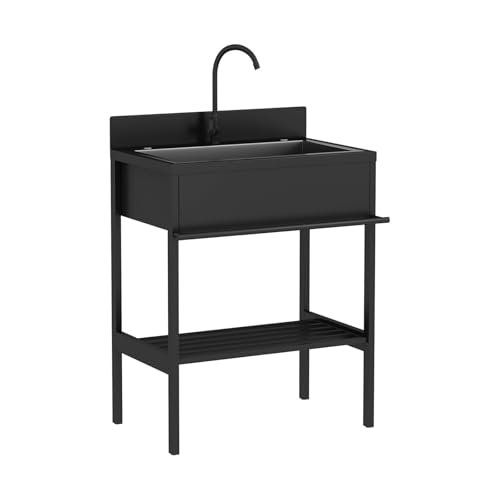 Pila Lavadero Negro con Grifo, Fregadero de Cocina Independiente Acero Inoxidable, Estación Multifunción for Restaurante Baño Lavandería Patio Exterior(86x51x94cm)