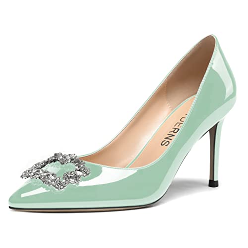 WAYDERNS Women's Patent Slip On Crystal Buckle Pointed Toe Crystal Rhinestone Stiletto High Heel Pumps Shoes 3.5 Inch