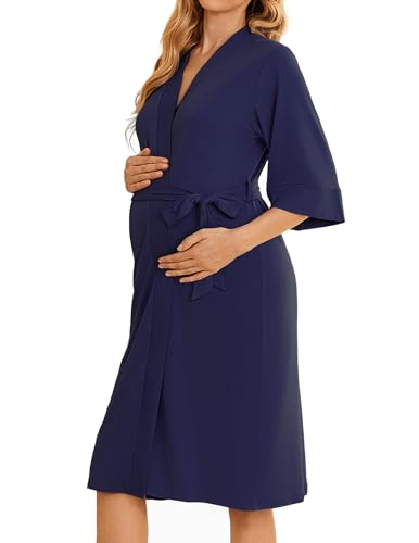 Image of Ekouaer Womens Maternity Nursing Robe for Hospital V Neck Pregnancy Bathrobes 3/4 Sleeve Labor Delivery Nightgowns