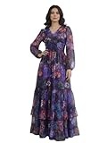 GRECIILOOKS Vestido largo de georgette floral para mujer con cuello en V y mangas largas, vestido ligero escalonado para fiestas, festivales, invitados de boda, Morado (, XXL