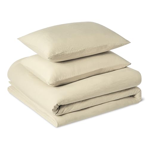 Amazon Basics 3-Piece Brushed Microfibre Bedding Set, Extra Soft, Relaxed Lived-In Look with Natural Creases, No Ironing Required, Double size, Duvet Cover 200x200 cm & 2 Pillowcases 50 x 80 cm, Beige