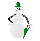 Jack Skellington Snowman with Top Hat & Umbrella Christmas Inflatable by Gemmy, White, Green, Black