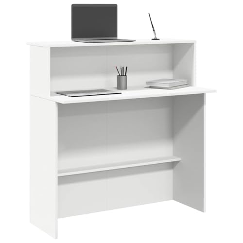VIHHQGC Empfangstresen Weiß 100 x 50 x 103,5 cm Holzwerkstoff mit integriertem Regal für Büromaterial und Dokumente, Stabiler Schreibtisch für Firmenbüro, Hotellobby, Arztpraxis