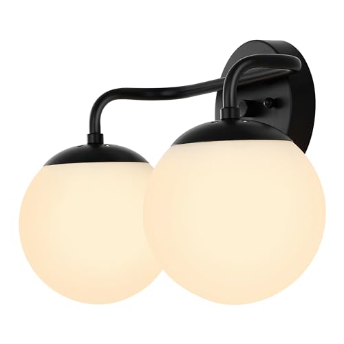 JONATHAN Y JYL3535B Louis Parisian Globe 15" 2-Light Metal/Frosted Glass Modern Contemporary LED Vanity Light Midcentury, Glam, Transitional, Office, Living Room, Dining Room, Bedroom, Black