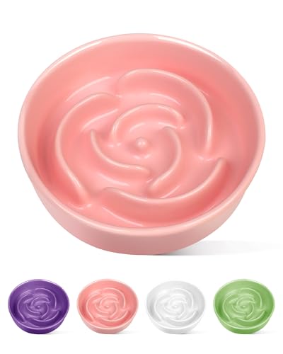 TRUVIC セラミック製スローフィーダー犬用ボウル（小型犬用）、0.6カップ スローフィーダー猫用ボウル（早食い用）、セラミック製犬用フード皿（あごが黒くならない）、小型犬と猫用パズルボウル（ピンク）