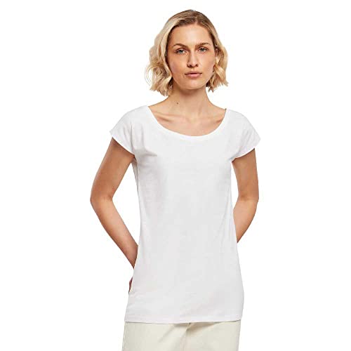 Build Your Brand Camiseta de Cuello Ancho para Mujer, Blanco, L
