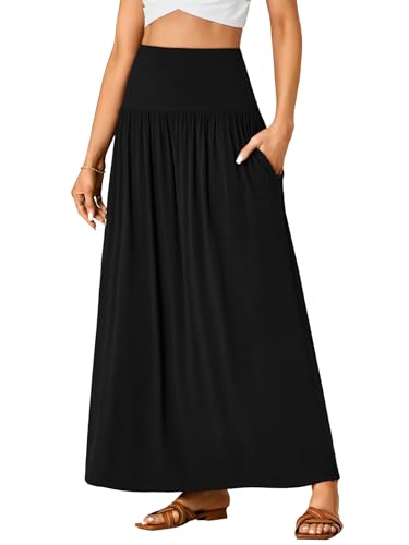 Vrtige Women's Casual Elastic High Waist Flowy A-line Pleated Long Maxi Skirt with Pockets