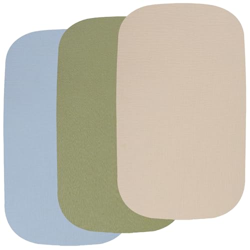 Image of Onacosht Muslin Bassinet Sheets 3 Pack, 100% Cotton Baby Fitted Sheet 33" x 19" Compatible with Mika Micky, KoolaBaby (3 in 1), BabyBond, HARPPA and RICUTON Bedside Bassinet, Beige Green and Sky Blue
