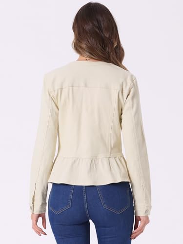 Allegra K Women's Peplum Denim Jackets Collarless Round Neck Button Down Cropped Ruffle Hem Jacket4
