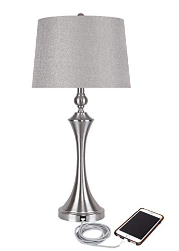 Grandview Gallery 31" Brushed Nickel Table Lamps W/Usb Port In Base And Grey Slub Linen Shades (Set Of 2) #TOP3
