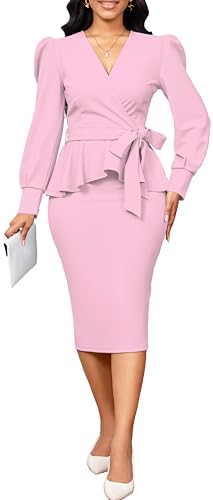 Image of Dresses for Women Elegant Long Sleeves Ruffles Pencil Knee Length Split Business Dress with Belt Zipper