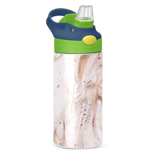 Kids Water Bottle with Straw 350ml, Rose Gold Marble Stainless Steel Insulated Toddler Cup Leakproof Drink Flask Bottle for Boys Hot Cold, BPA-Free