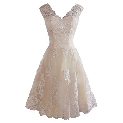 Short Lace Wedding Dresses Knee Length Travel Tulle Rhinestones V-Neck Lace Up Bride Gowns Vintage Dress Champagne Cover