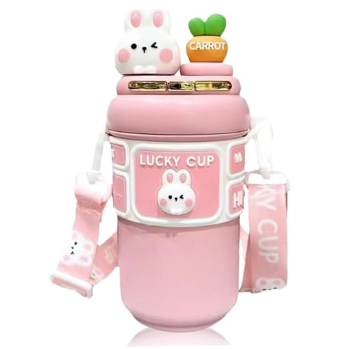 Jorzer Botella de agua Kawaii de 550 ml, con tapa doble, botella de agua aislada de acero inoxidable con correa ajustable y pajita, portátil a prueba de fugas para viajes deportivos escolares..