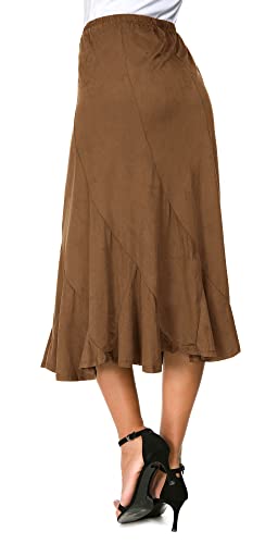 Women's Elegant Ankle Length Ruffle Hem Elastic Waist Suede Midi Skirt (M, Brown)3