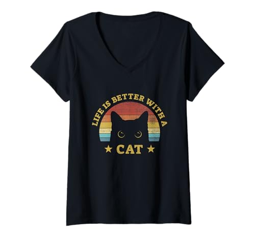 Femme Chats drôles Design vintage Chat noir Idée cadeau chaton T-Shirt avec Col en V