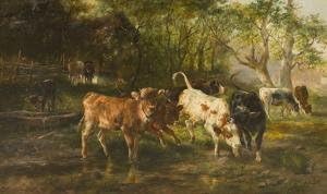 GFM Painting Handmade Oil Painting Reproductions of calves-by-the-stream,Oil Painting by Anton Braith - 72 By 96 inches