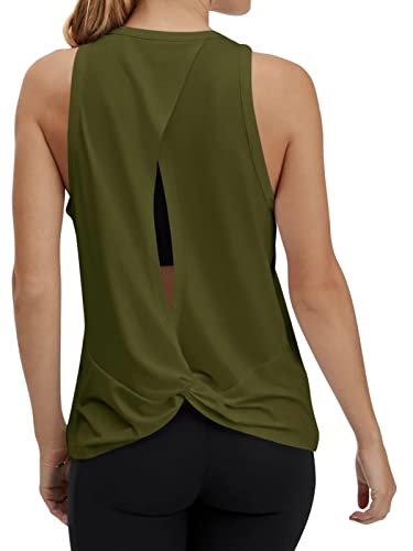 Tie Back Workout Tops For Women Workout Tops Crew Neck Open Back Athletic Shirts Army Green X-Large #TOP6