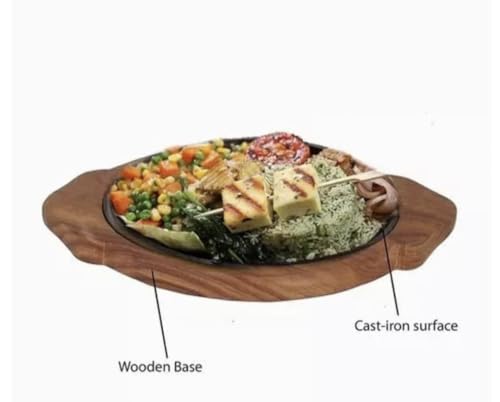 Image of REMARKABLE Iron Sizzler Plate with Wooden Base | Dessert Ovel Serving Platter with Handles | Brownie Sizzler Tray for Cake | Sizzling Brownie Plate | Hot Sizzling Plate | 13 inch | Set of 3