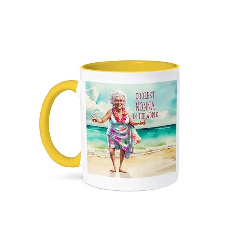 3dRose, Worlds Coolest Nonna Italian Grandma Loves the Beach, 11oz Two-Tone Yellow Mug