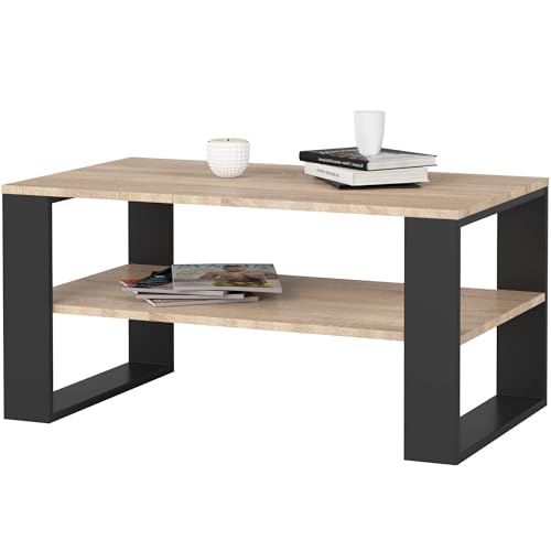 AKORD Couchtisch Holz Alex mit einem Regal, 92x45x53cm, Für Wohnzimmer, Schlafzimmer Schrank, Minimalistisch Modernes Design, Schichtstoffplatte 16mm, Farbe Sonoma-Eiche & Schwarz AKORD Couchtisch Holz Alex mit einem Regal, 92x45x53cm, Für Wohnzimmer, Schlafzimmer Schrank, Minimalistisch Modernes Design, Schichtstoffplatte 16mm, Farbe Sonoma-Eiche & Schwarz