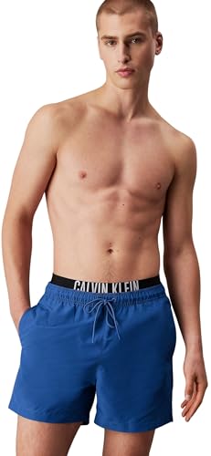 Calvin Klein Short de Bain Homme Medium Double avec Ceinture Emblématique, Bleu (Patch Of Blue), L