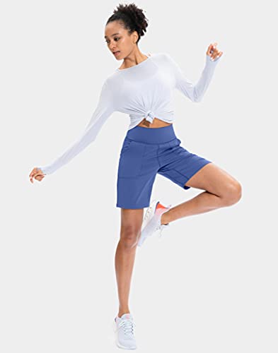 Image of SANTINY Bermuda Shorts for Women with Zipper Pocket Womens High Waisted Long Shorts for Running Workout Athletic