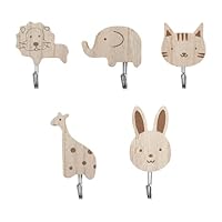 Tabanzhe Wooden Animal Wall Hooks – 5PCS Self-Adhesive Coat Hooks for Kids, Cute Lion Giraffe Elephant Cat Rabbit Design, Wall Mounted Hangers for Towel Clothes Key Nursery Bedroom Decor
