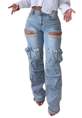 Women Casual Rhinestone Ripped Cargo Jeans Distressed High Waist Straight Leg Cut Out Mutli-Pockets Denim Pants
