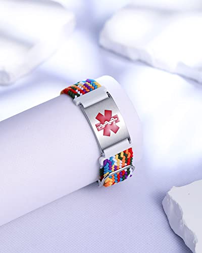 JFJEWER Medical Alert Bracelets for Women, Personalized Custom Medical ID Bracelet with Nylon braided Elastic Wristband, Emergency Medic Alert ID Bracelet (Rainbow Wristband + Silver Tag)